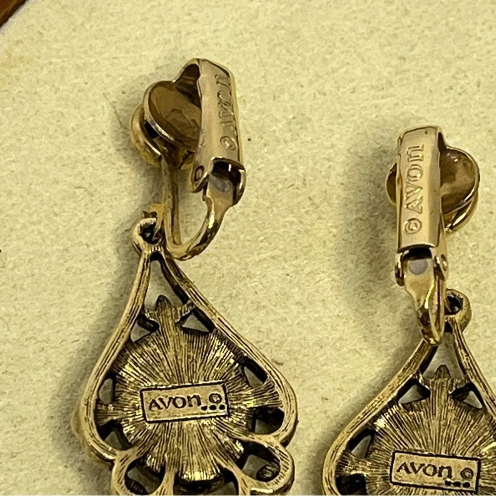 Vintage Avon Gold, Pearl, and Green Stone Clip-On Dangling Earrings